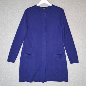 TALBOTS Medium Pure Merino Wool Snap Front Long Cardigan Royal Blue Quiet Luxury